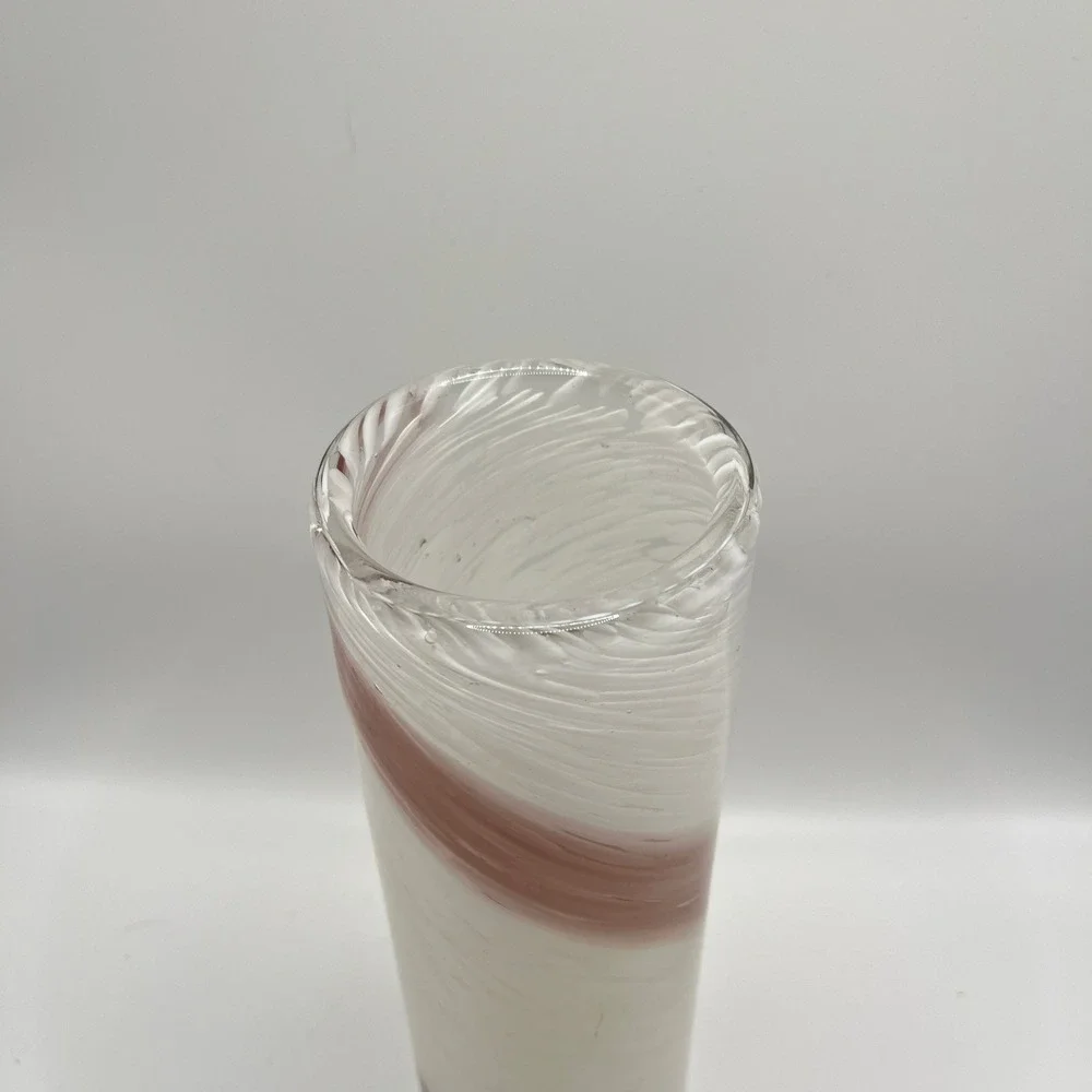 Hand Blown Murano Style Glass Cylinder Vase White Burgundy Swirl 12 Inch